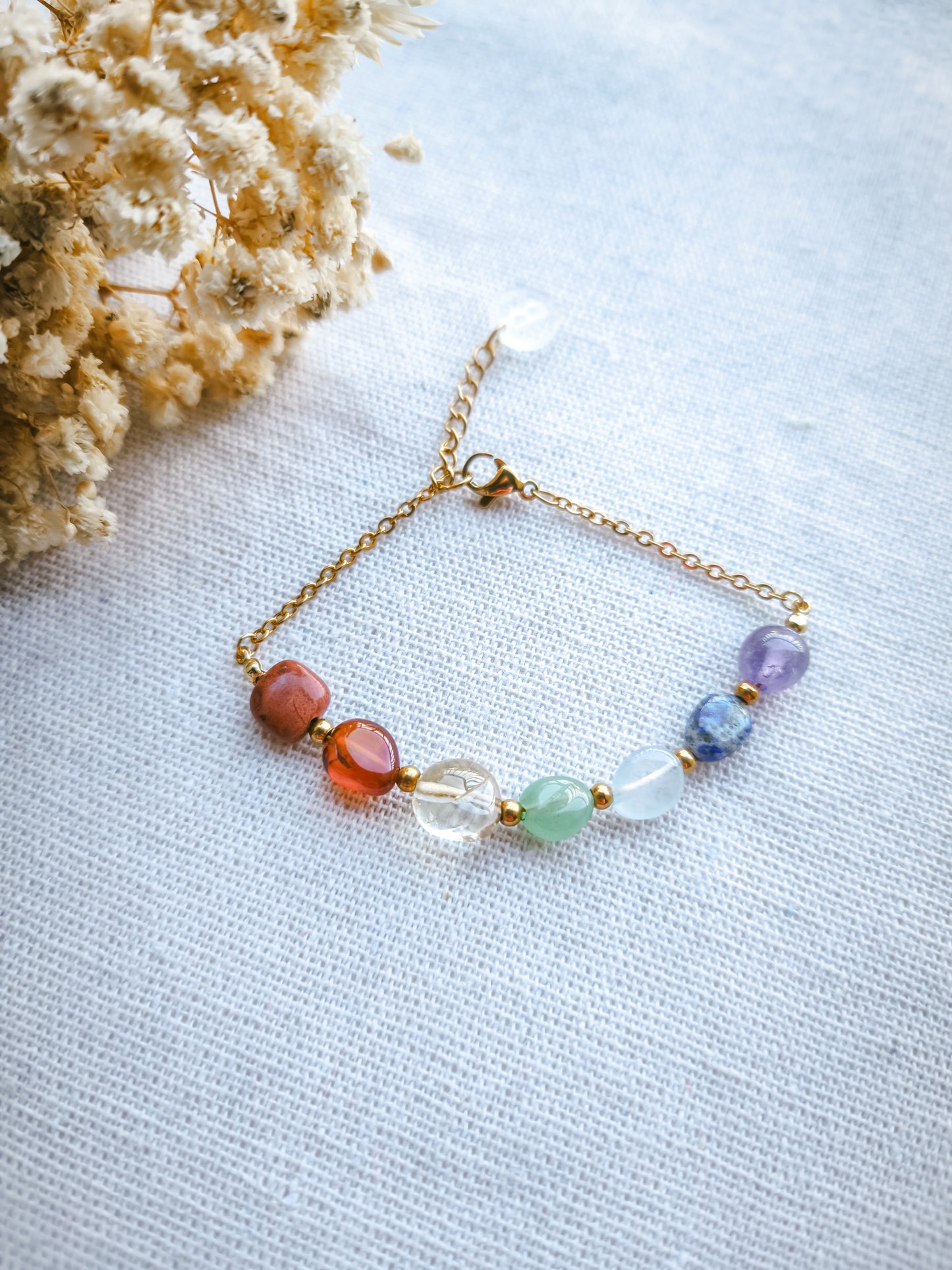 Pulsera 7 Chakras Cadena Piedras Grandes Dorado