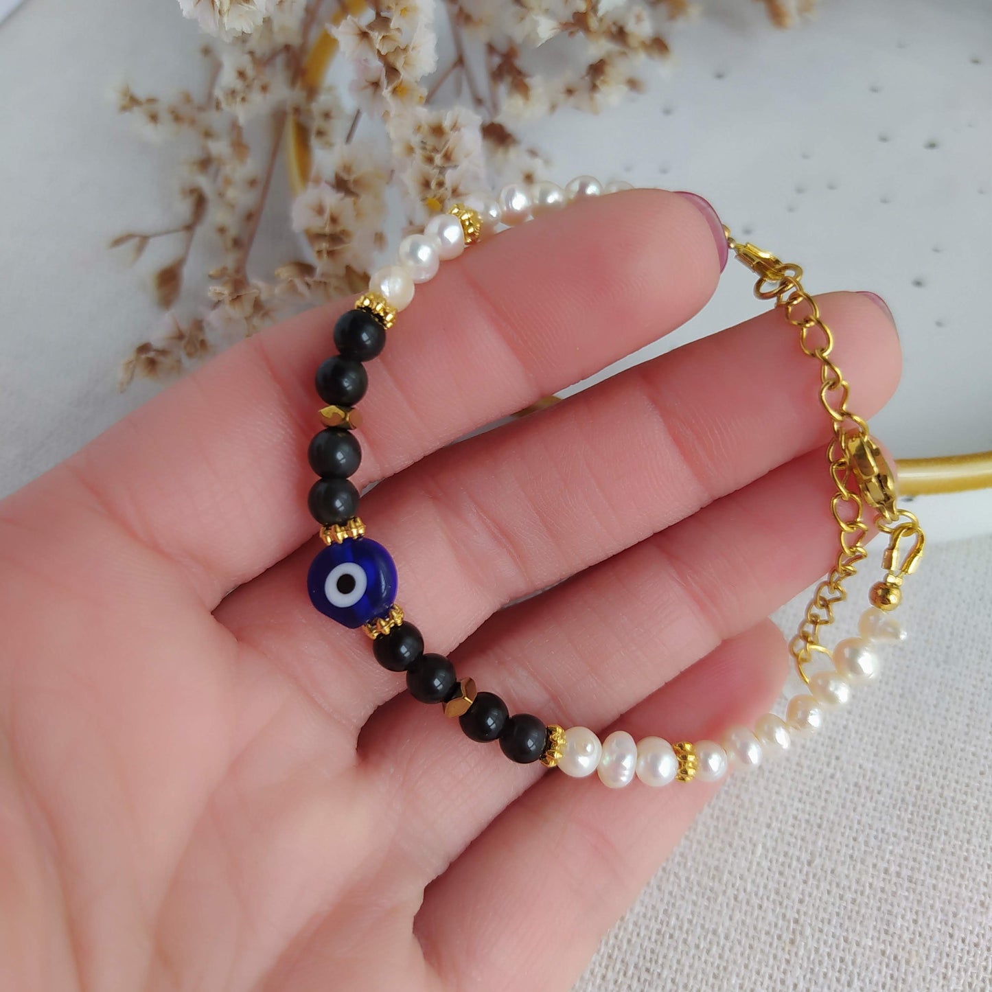 Pulsera Protección Energética Ojo Turco y Obsidiana