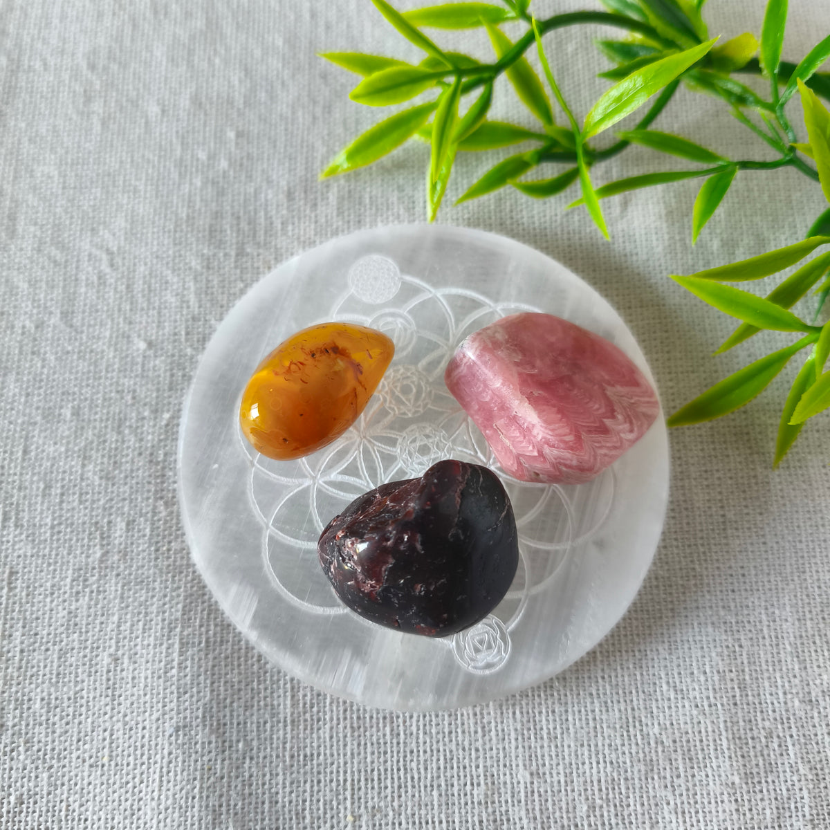 Placa Redonda de Selenita Grabada Flor de la Vida y 7 Chakras | Limpieza y Equilibrio Energético