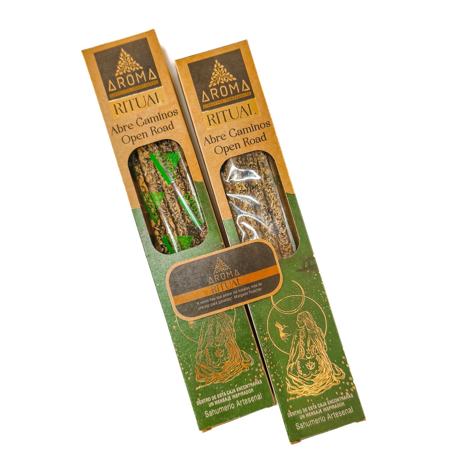 Incienso artesanal y orgánico, con el texto "Incienso Ritual Abre Caminos" visible en el empaque. Varitas de incienso orgánico.