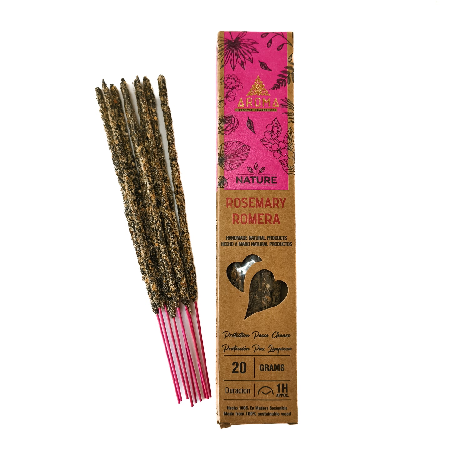 Incienso artesanal y orgánico, con el texto "Incienso de Romero" visible en el empaque. El humo se eleva suavemente.