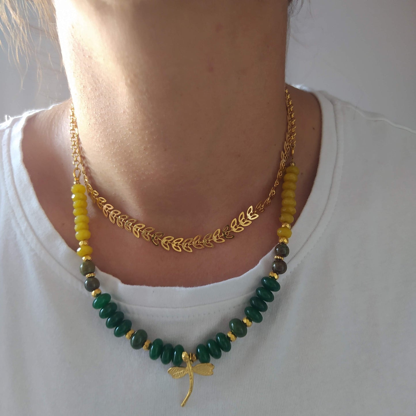 Collar Libélula Jade y Ágatas Verde