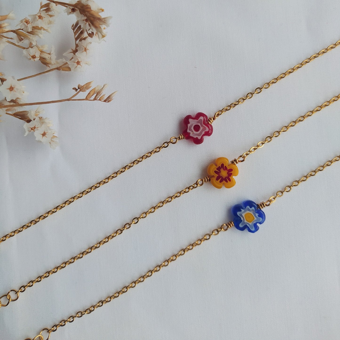 Pulsera Natura Flor de Cristal de Murano Rojo Azul Amarillo Millefiore Cadena Acero