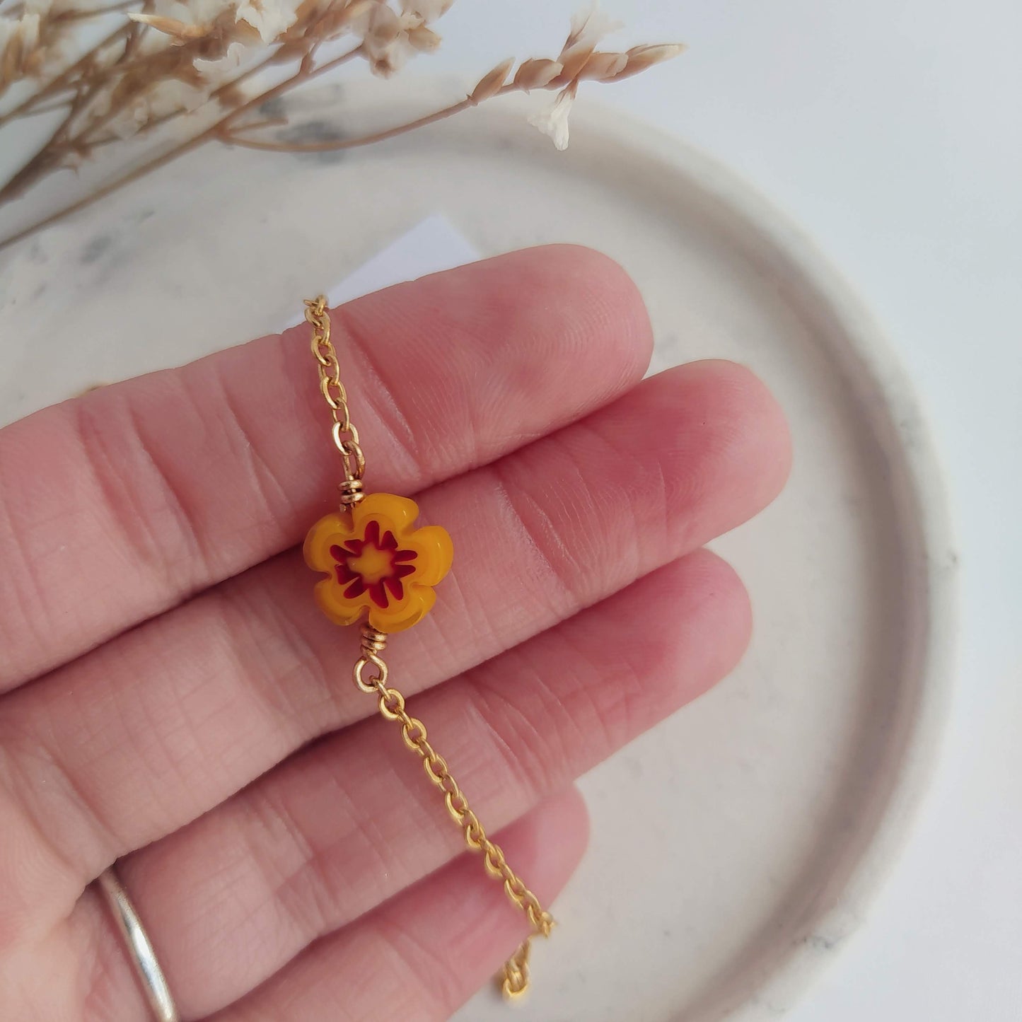 Pulsera Natura Flor de Cristal de Murano Amarillo Cadena acero inoxidable