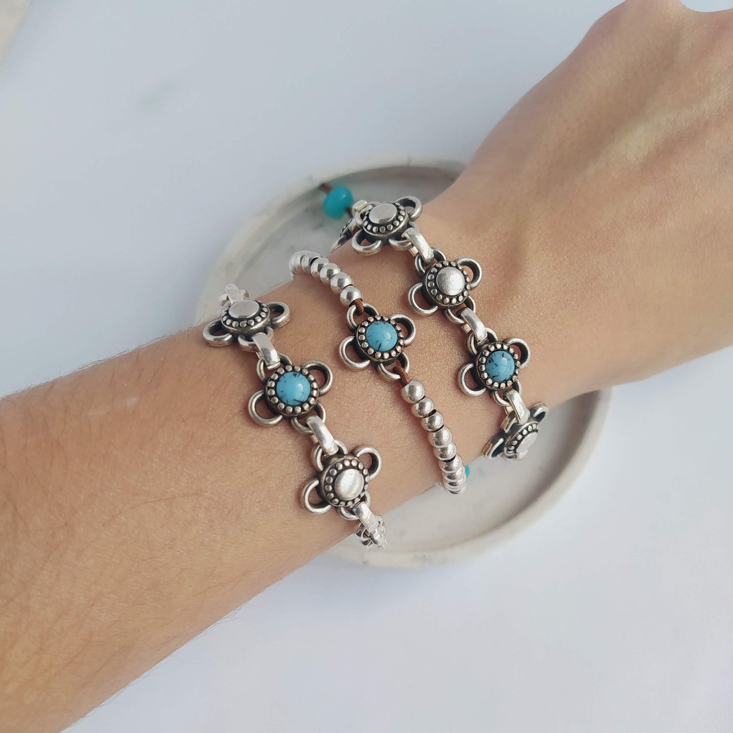 Pulsera Navajo Elástica Boho Baño Plata Turquesa y Jade