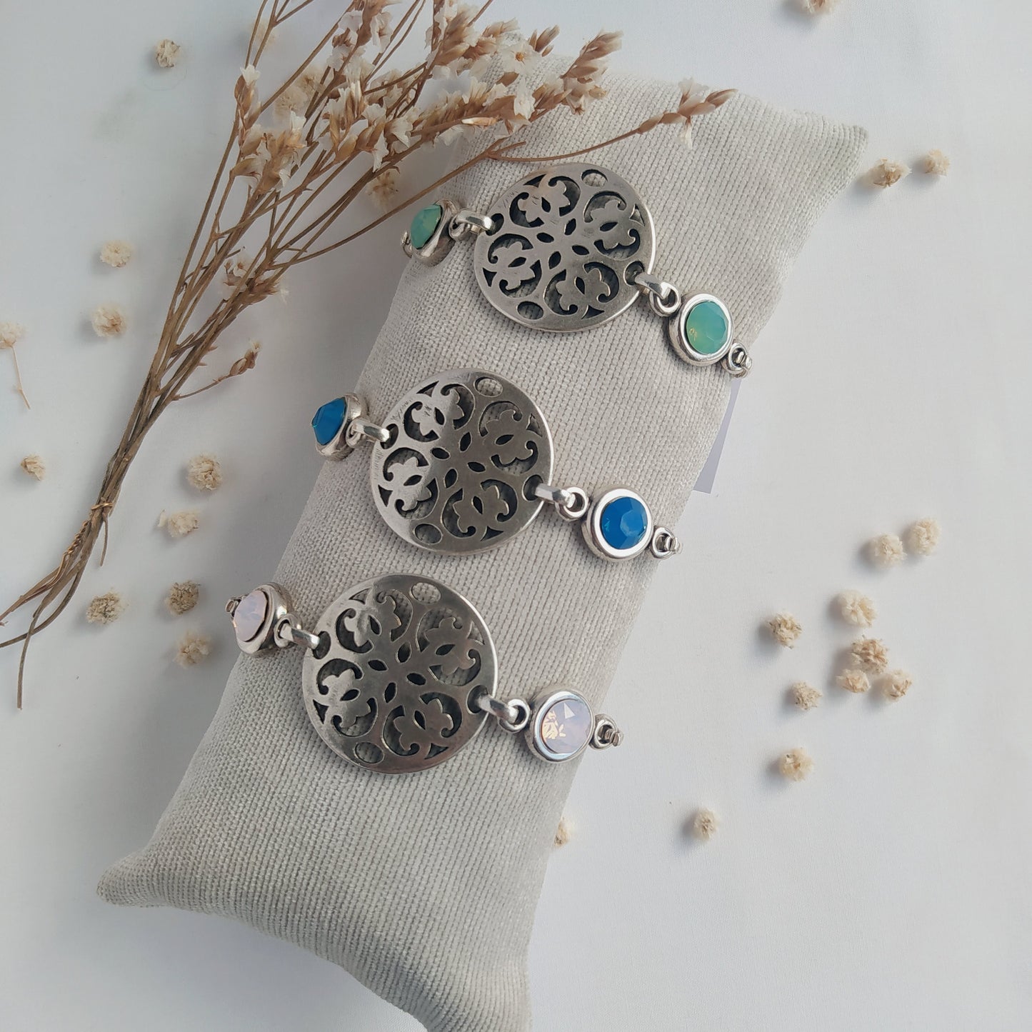 Pulsera Floral Bañada en Plata Cristal Turquesa Opal