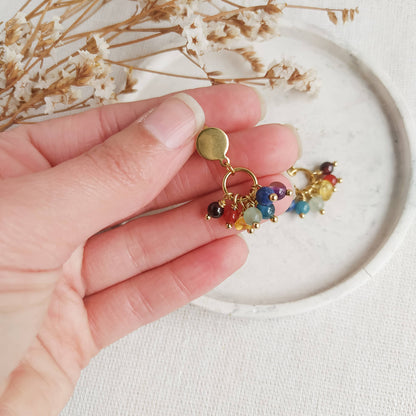 Estos pendientes llevan todos estos minerales, una cuenta de cada uno, y se completa con cadena de acero de eslabones de 3mm. Dependiendo de la disponibilidad en el momento de la compra recibirás un productos con unos minerales u otros. La base del pendientes en de dormilona o palito con tuerca, y la parte delantera en forma circular, de acero bañado en oro, y una anilla de 9mm de acero de la que cuelgan las cuentas. El largo aproximado es de 2,8cm.