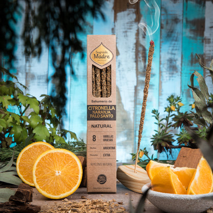 Incienso Línea Natural Citronella, Naranja y Palo Santo Sagrada Madre · Entusiasmo y vitalidad