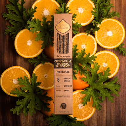 Incienso Línea Natural Citronella, Naranja y Palo Santo Sagrada Madre · Entusiasmo y vitalidad