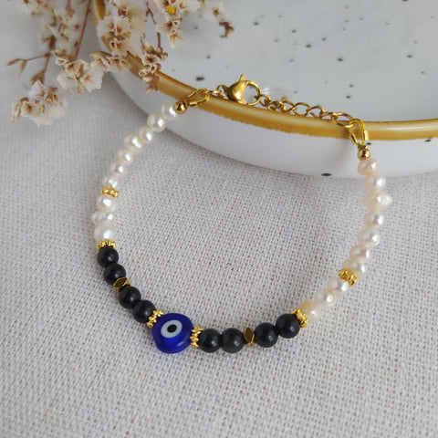 Pulsera Protección Energética Ojo Turco y Obsidiana