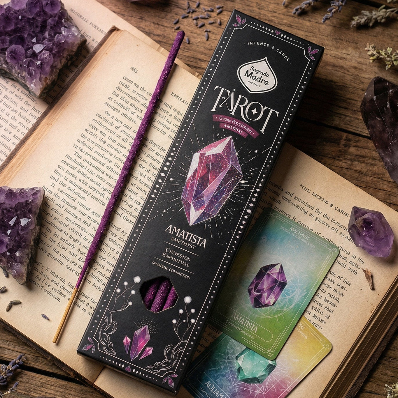 Incienso Tarot Gemas Amatista Sagrada Madre · Violeta y Lavanda