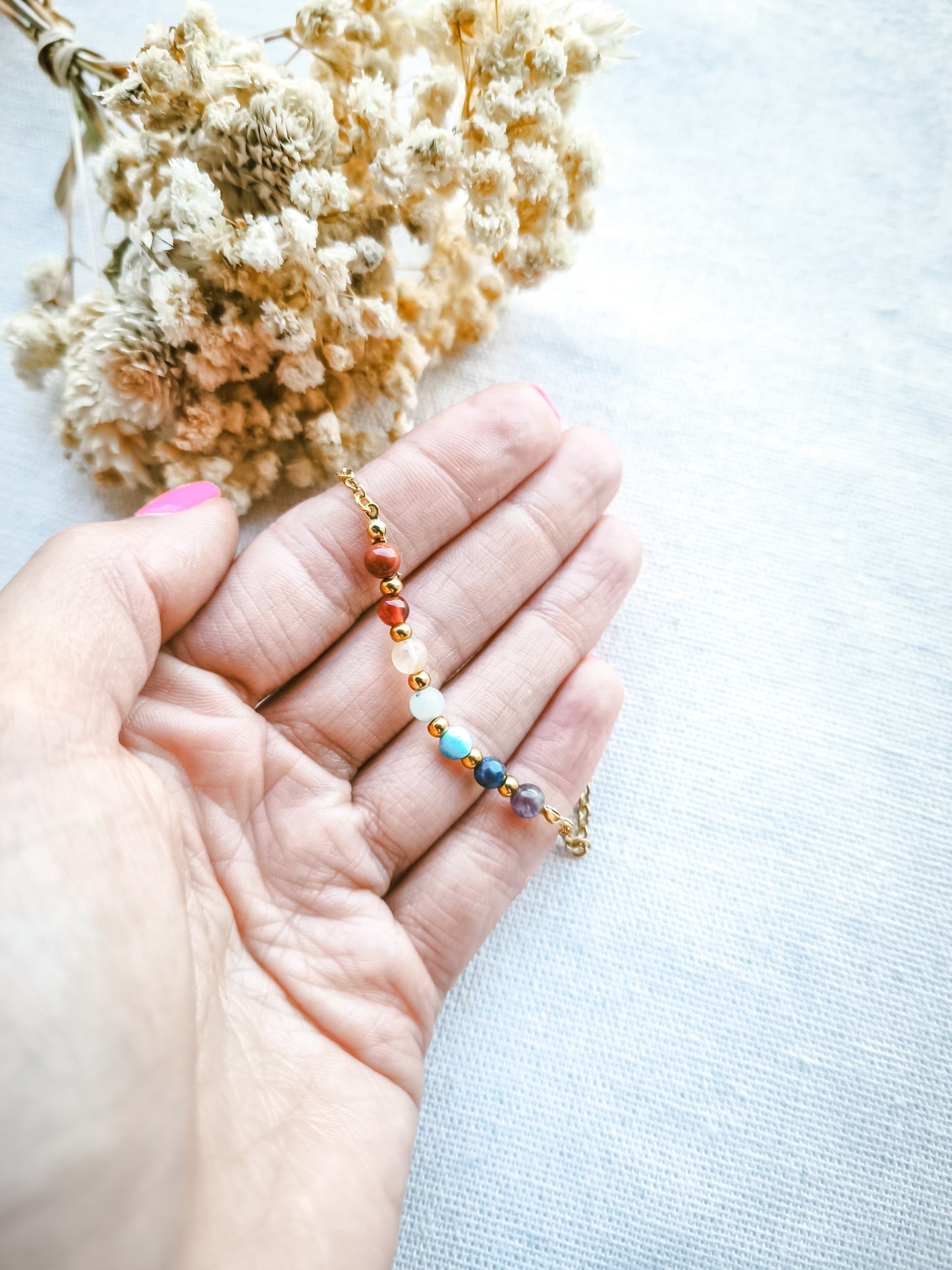 Pulsera 7 Chakras Cadena Piedras Pequeñas Dorado