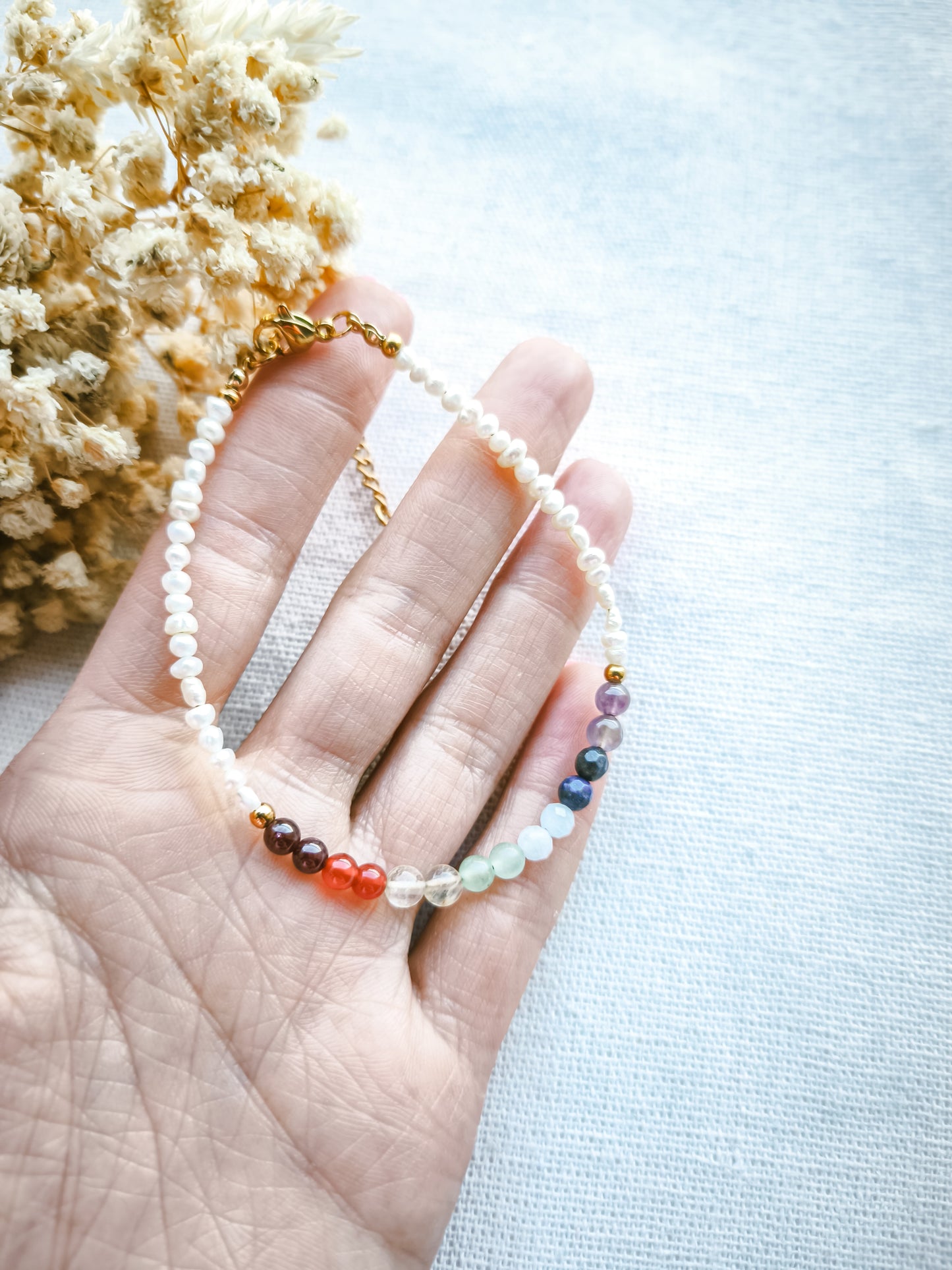 Pulsera 7 Chakras Perla Dorado