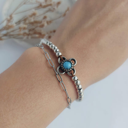 Pulsera Navajo Elástica Boho Baño Plata Turquesa y Jade