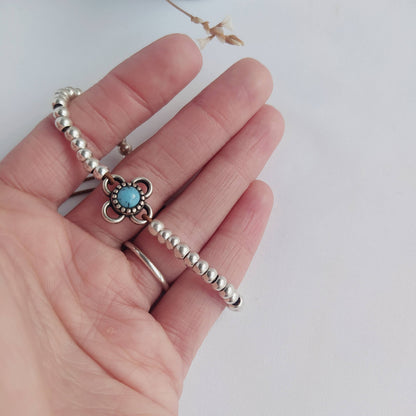 Pulsera Navajo Elástica Boho Baño Plata Turquesa y Jade