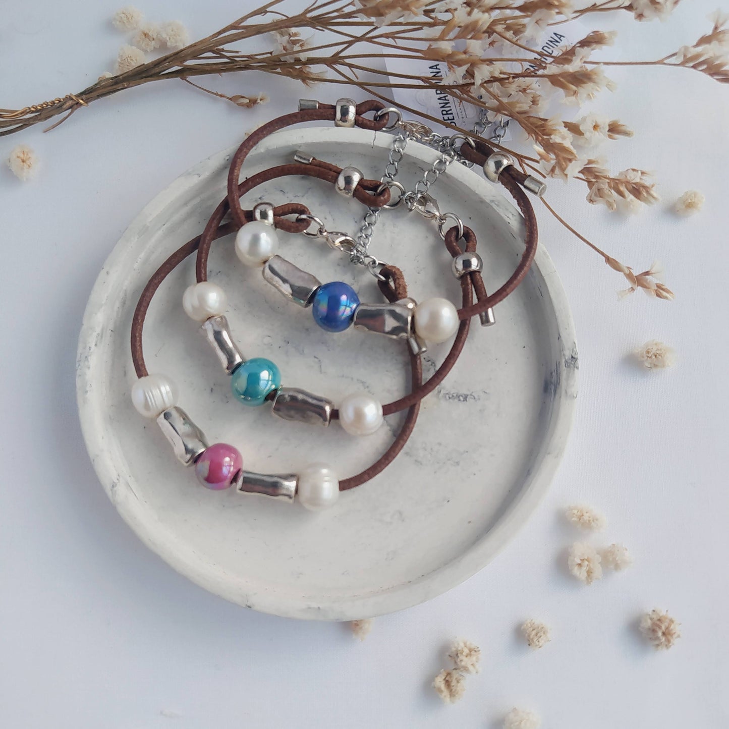 Pulsera Diana Boho Cerámica Marsala con Perlas pulsera de cuero baño de plata pulsera zamak
