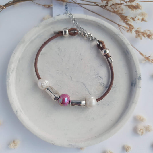 Pulsera Diana Boho Cerámica Marsala con Perlas pulsera de cuero baño de plata pulsera zamak