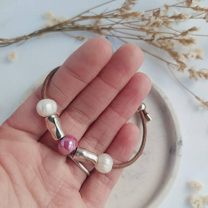 Pulsera Diana Boho Cerámica Marsala con Perlas pulsera de cuero baño de plata pulsera zamak