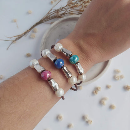 Pulsera Diana Boho Cerámica Marsala con Perlas