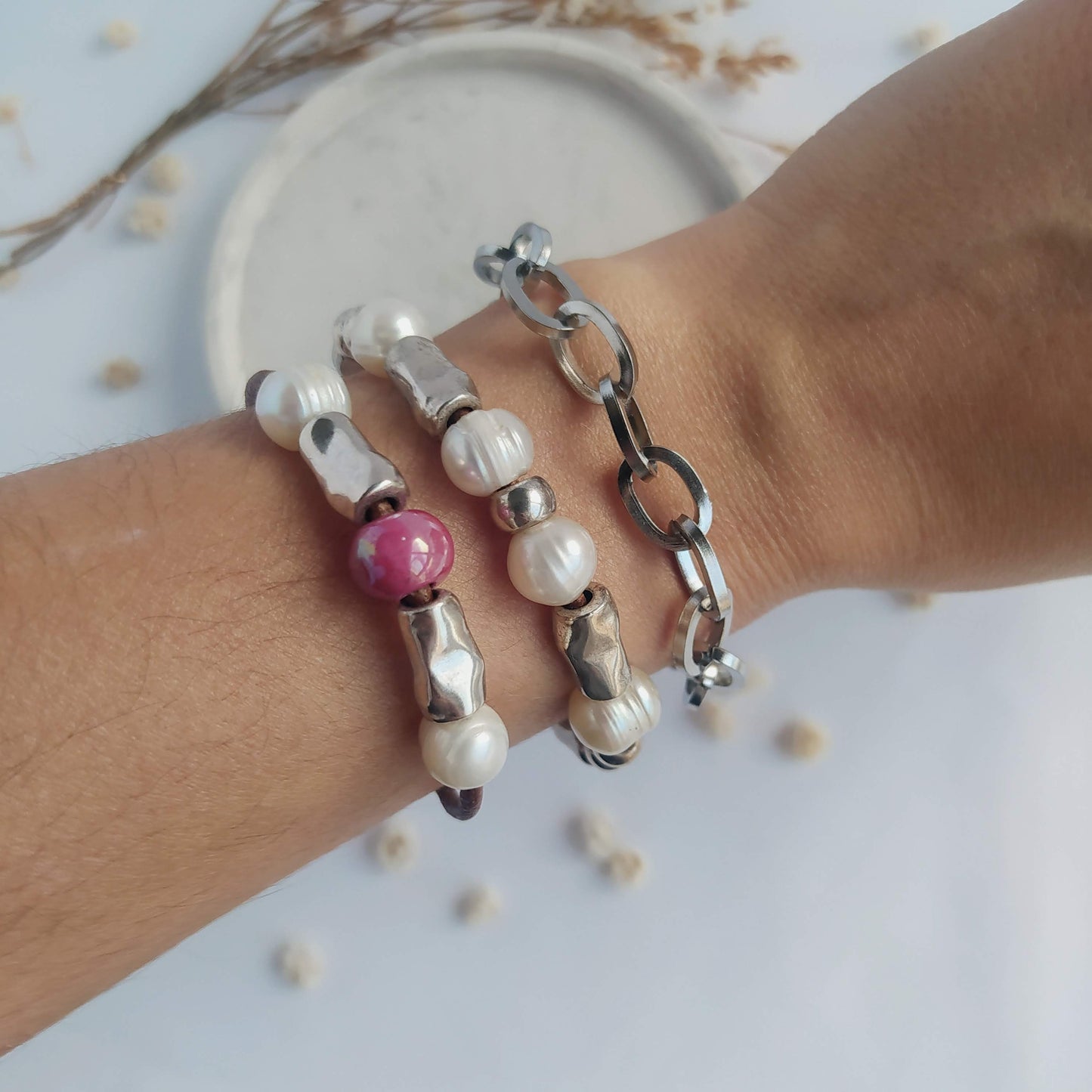 Pulsera Diana Boho Cerámica Marsala con Perlas pulsera de cuero baño de plata pulsera zamak